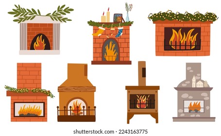 Christmas fireplace collection. Home fireplaces with socks, stockings, gifts, candles, firs and Xmas decoration. Warm cozy hearths with winter holiday decor. Vector illustrations isolated on white