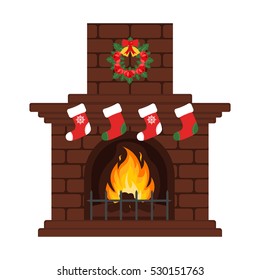 Christmas fireplace in colorful cartoon flat style. Christmas eve, stockings and gift. Merry Christmas and happy New year. Flat design. Vector.