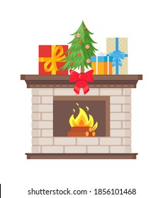 Isolated Fireplace Decorated Christmas Gifts Mistletoe Stock Vector ...
