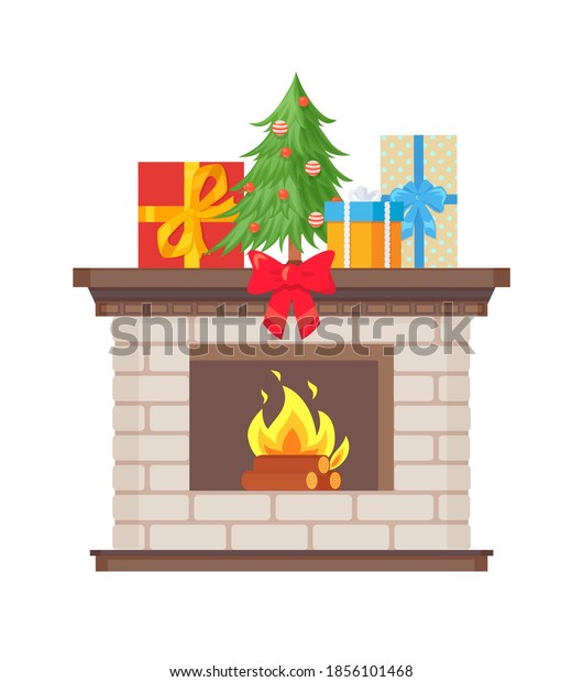 Christmas Fireplace Decorated By Firtree Balls Stock Vector Royalty Free 1856101468