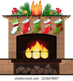 christmas fireplace decorated with candles and socks, new year illustration