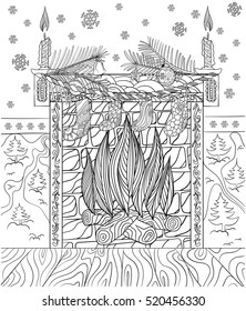 Christmas fireplace decorated pine tree branches, balls and socks. Adult coloring book in doodle style.