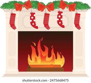 Christmas fireplace decorated seasonal garland bows stockings. Cozy festive fire burning bright warm holiday scene. Traditional Xmas hearth full joyful decorations red socks