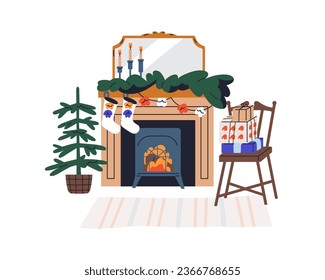 Christmas fireplace decorated with socks, candles for winter holiday. Festive fireside, fire place, fir tree, Xmas ornament in house. Flat graphic vector illustration isolated on white background