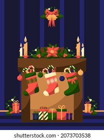 Christmas fireplace decorated with socks, presents, candles, balls and florist decorations.
Flat style vector illustration isolated on dark background for season's greetings and New Year invitations.