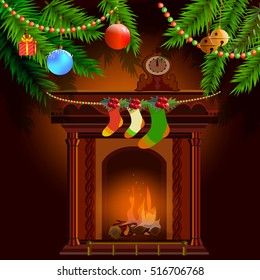 Christmas fireplace decorated with Christmas tree branches. Xmas decorative background. Holiday decoration for house with fireplace and socks. Vector illustration.
