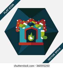 Christmas fireplace decoration flat icon with long shadow eps10