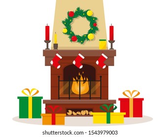 Christmas fireplace with decoration and gifts. Vector illustration on white background.