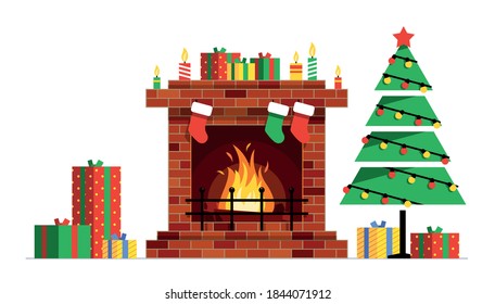 Christmas fireplace. Decoration with fireplace. Holiday decorating template. Flat Style