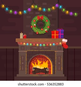 Christmas fireplace decoration vector flat illustration