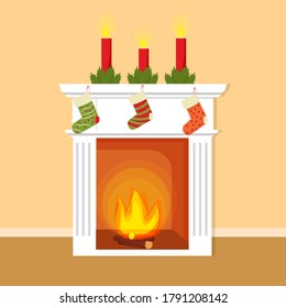 Christmas fireplace, decorative element with socks for presents, candles. Bright, colorful and editable object stock vector illustration