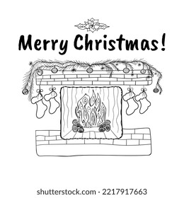 Christmas fireplace with fir tree garland with toys, snowflakes, Christmas Star and stockings. Hand drawn Christmas doodle symbols for design. Isolated on white background