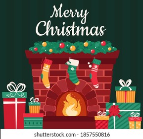 Christmas fireplace with fir tree, gifts, decoration, stockings, garland. Vector illustration.