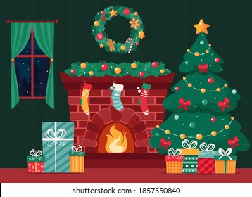 Christmas Fireplace With Fir Tree, Gifts, Wreath, Stockings, Garland. Vector Illustration.