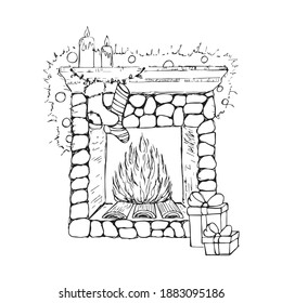 Christmas fireplace with fire and gifts vector sketching