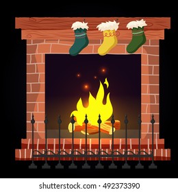 Christmas fireplace with fire. Vector illustration of fireplace isolated on a black background.