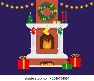 Christmas fireplace with flame decorated for Christmas and New Year on blue background. Vector illustration.