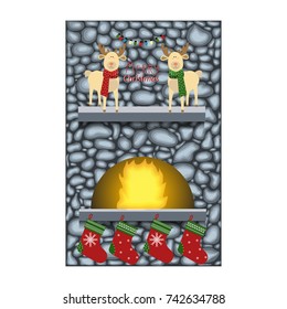 Christmas fireplace garland, reindeer and stockings. Cartoon. The interior of the room.