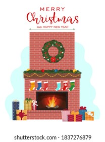 Christmas fireplace with gift boxes. Merry Christmas and Happy New Year greeting card. Vector illustration in flat style