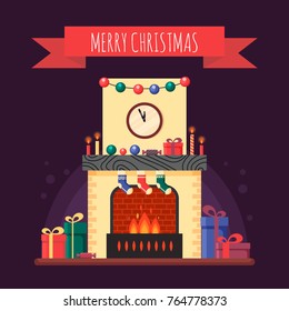 Christmas fireplace with gifts, clock and candle. Colorful festive interior for greeting card in flat style. Xmas home decoration - stock vector illustration