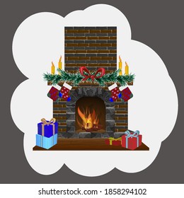 Christmas fireplace with gifts decorated with spruce and candles