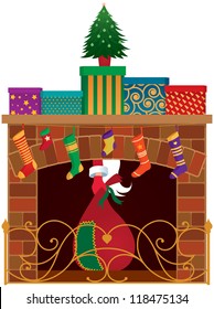 Christmas fireplace, gifts and Santa Claus vector illustration