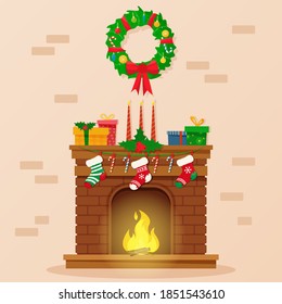 Christmas Fireplace With Gifts, Socks And Candles. Flat Style Vector Illustration.