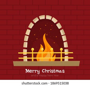 Christmas fireplace with gifts, socks and candles. Flat cartoon style vector illustration.