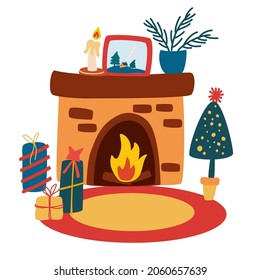 Christmas fireplace with gifts and a Christmas tree. Cozy winter holiday. Happy New Year greeting card. Perfect for invitations, flayers. Vector cartoon illustration.