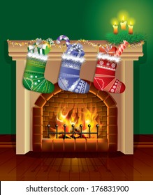 Christmas fireplace with gifts (vector)