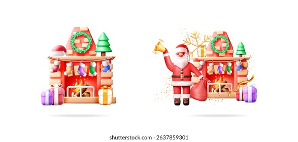 Christmas fireplace with gifts, wreath, bells and a happy man dressed as Santa Claus holding a bag with presents. Winter holiday concept 3d vector illustration for greeting card design.