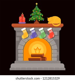 Christmas fireplace of gray bricks with burning candles, a small decorated Christmas tree and a sleeping cat. Vector illustration of a flat style.