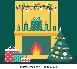Christmas fireplace, holiday cozy home interior. New Year's atmosphere. Room decoration with Christmas tree, gifts, fireplace, candles, garland. Vector illustration
