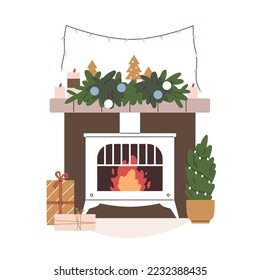 Christmas fireplace with holiday decoration, Xmas gift box. Festive winter fireside with fire, fir branch ornament on mantelpiece. Indoor hearth. Flat vector illustration isolated on white background