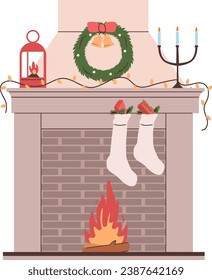 Christmas fireplace, home decoration greeting card vector illustration isolated on white background. Xmas holiday fireside with ornament on mantelpiece, wreath, candles and lantern