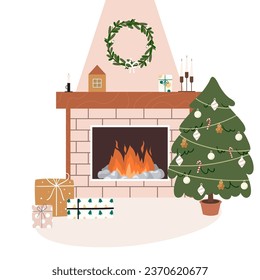 Chimenea de Navidad. Lugares de fuego en casa con medias, regalos, velas, decoración primero y navideña. El cálido y acogedor hogar con decoración de invierno. Ilustración vectorial plana aislada en blanco