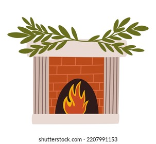 Christmas fireplace. Home fireplaces with socks, stockings, gifts, candles, firs and Xmas decoration. Warm cozy hearths with winter holiday decor. Flat vector illustrations isolated on white