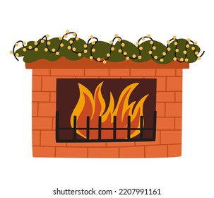 Christmas fireplace. Home fireplaces with socks, stockings, gifts, candles, firs and Xmas decoration. Warm cozy hearths with winter holiday decor. Flat vector illustrations isolated on white