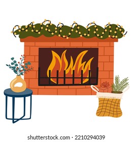 Christmas fireplace. Home fireplaces with socks, stockings, gifts, candles, firs and Xmas decoration. Warm cozy hearths with winter holiday decor. Flat vector illustrations isolated 