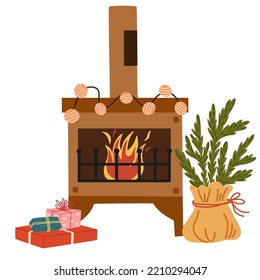 Christmas fireplace. Home fireplaces with socks, stockings, gifts, candles, firs and Xmas decoration. Warm cozy hearths with winter holiday decor. Flat vector illustrations isolated on white