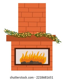 Christmas fireplace. Home fireplaces with socks, stockings, gifts, candles, firs and Xmas decoration. Warm cozy hearths with winter holiday decor. Flat vector illustrations isolated on white