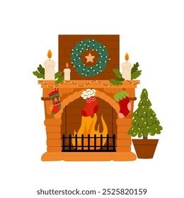 Christmas fireplace. Homemade stone fireplace. Fireplace with stockings, gifts, candles and Christmas tree. Warm cozy hearths with winter holiday decor. Flat vector illustrations.