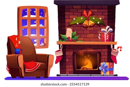 Christmas fireplace in house living room vector. Cozy winter indoor illustration with holiday decoration, present, and snow on window isolated scene. Xmas and New Year celebration at home concept