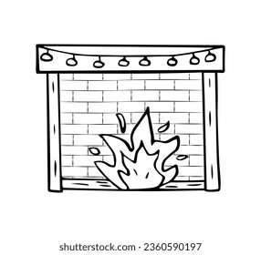 Christmas fireplace icon cartoon doodle style. Vector illustration sketch of a cozy festive home fireplace. Isolated on white.