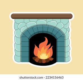 Christmas fireplace icon. Comfort and coziness in apartment. Bonfire for warming in cold weather. Poster or banner for website. Template, layout and mock up. Cartoon flat vector illustration