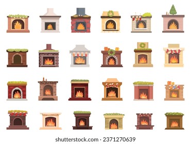 Christmas fireplace icons set cartoon vector. Home interior warm. House living room