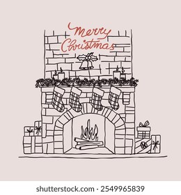 Christmas fireplace illustrations. Merry Christmas post or letter in doodle or sketch style.	