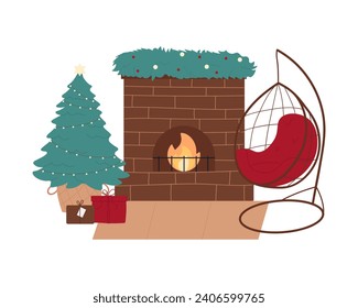 Christmas fireplace interior decor. Cozy xmas holiday room decoration cartoon vector illustration