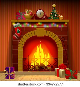 Christmas Fireplace In Interior With Holiday Decorations And Gifts. Vector Illustration