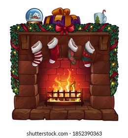 Christmas Fireplace Isolated On White. Vector Illustration